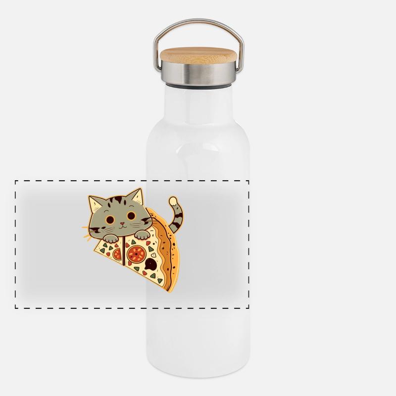 Pizza mit Katze Panorama Thermosflasche mit Bambusdeckel