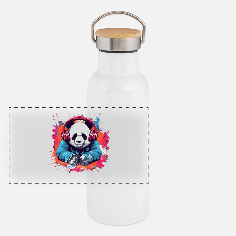 Panda als Dj Panorama Thermosflasche mit Bambusdeckel