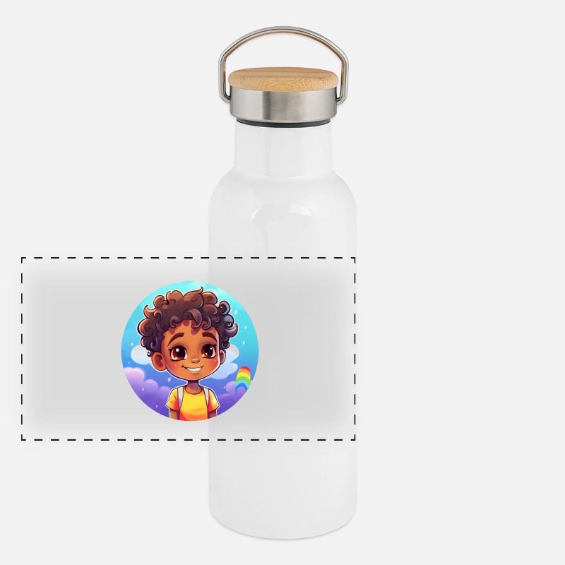 Lebensfroher Kindercharakter mit Regenbogen Panorama Thermosflasche mit Bambusdeckel