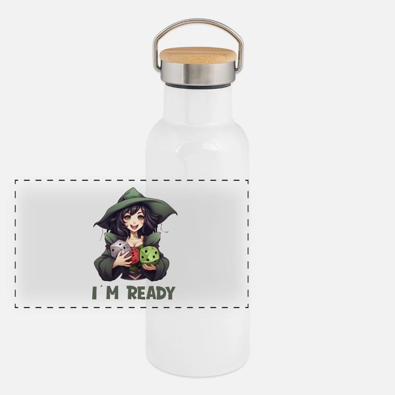 I Am Ready – Weiblicher RPG Held mit Würfel Panorama Thermosflasche mit Bambusdeckel