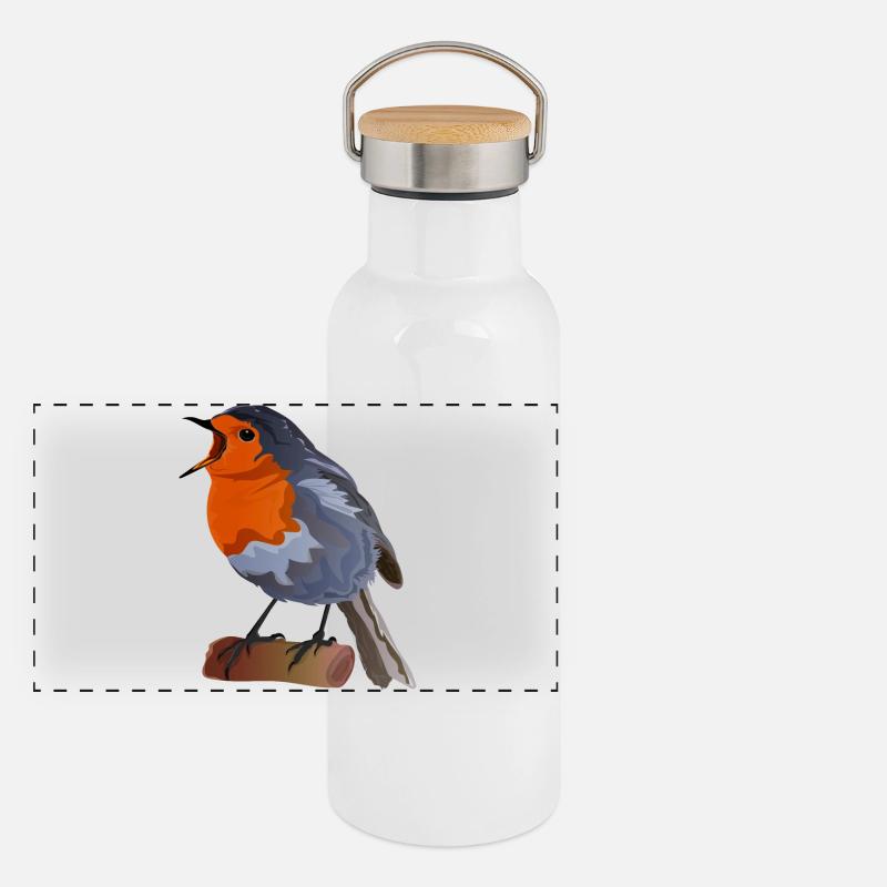 Robin Bird Illustration on Textile Panoramic Thermal Bottle with Bamboo Lid