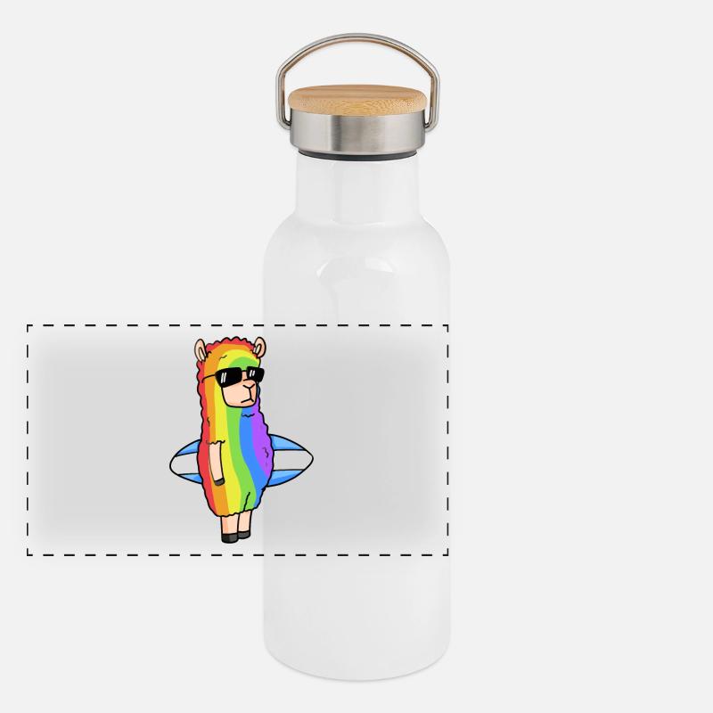 Alpaka Regenbogen Weihnachten Panorama Thermosflasche mit Bambusdeckel