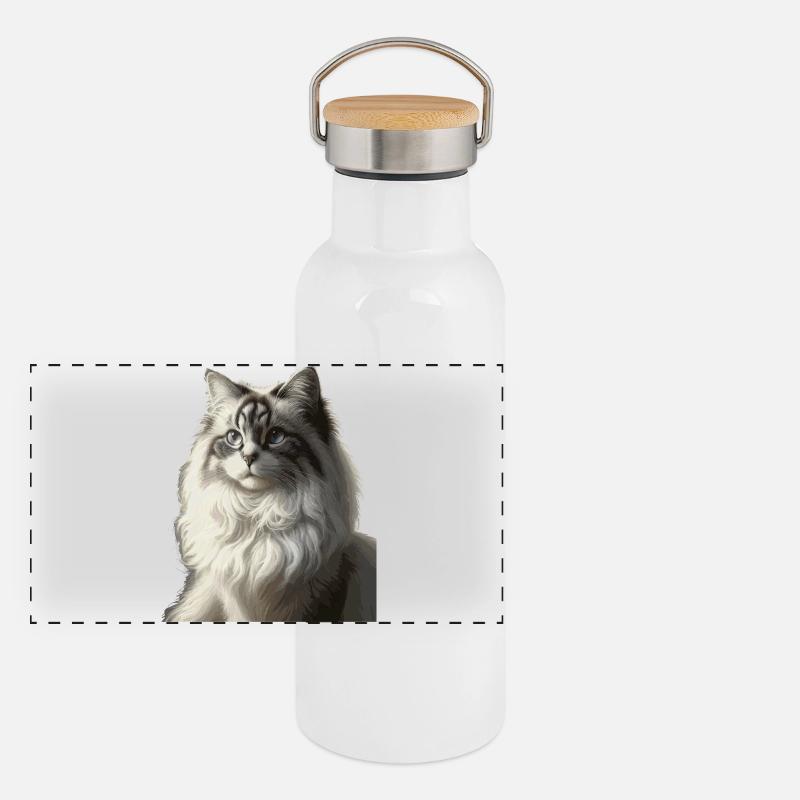 Fluffy Cat Face Portrait - Panoramic Thermal Bottle with Bamboo Lid - white