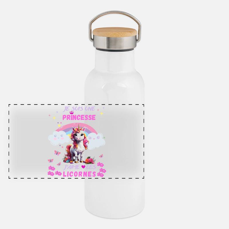 Ich bin eine Prinzessin, ich liebe Einhörner Panorama Thermosflasche mit Bambusdeckel