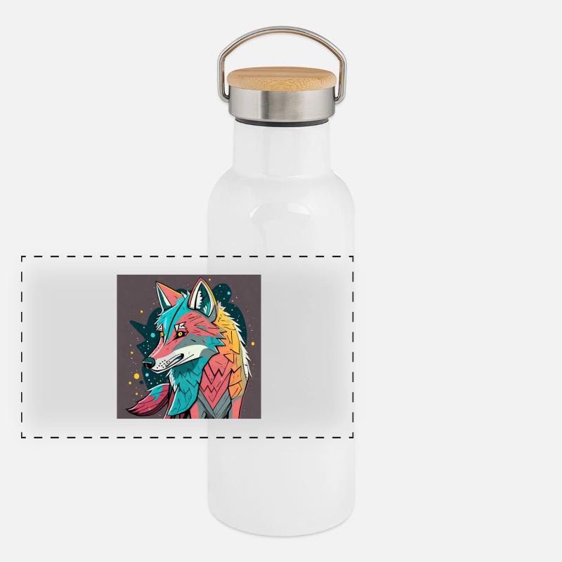 Geometrischer Wolf Farbexplosion Panorama Thermosflasche mit Bambusdeckel