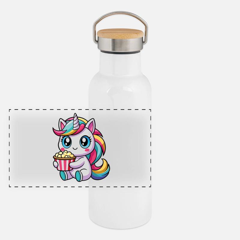 Licorne mignonne avec pop-corn – Style Kawaii Gourde isotherme avec bouchon en bambou