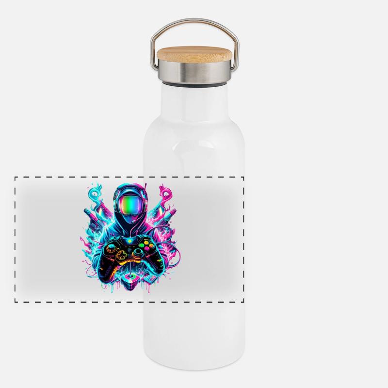 Gamer Synthwave Gaming Enthusiast Panorama Thermosflasche mit Bambusdeckel