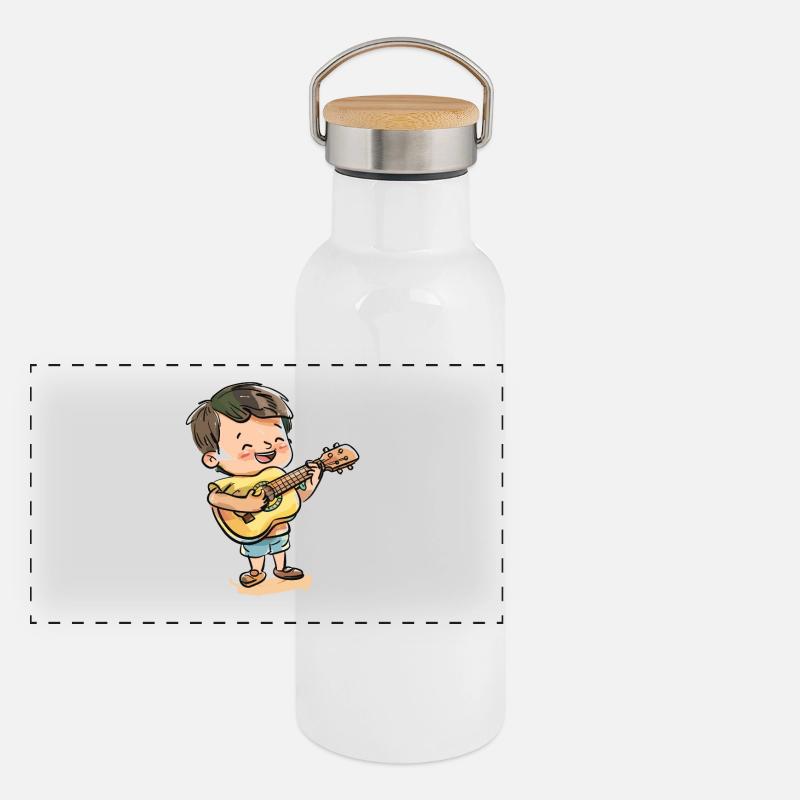 Ukulele Junge Grafik Panorama Thermosflasche mit Bambusdeckel