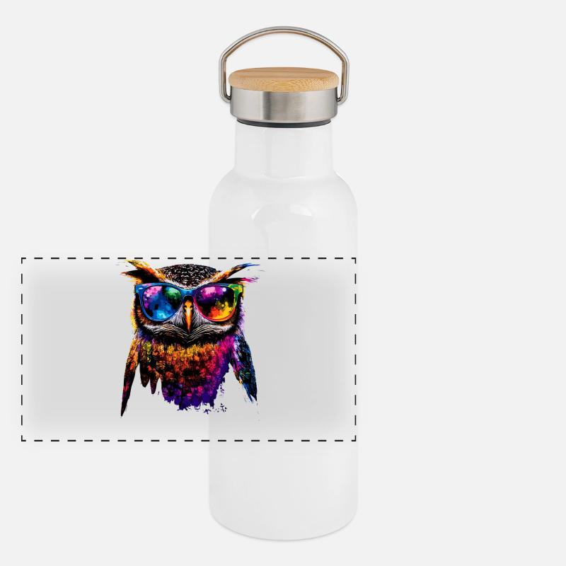 Eule Bunt Regenbogen Farben Kauz Uhu Owl Eulen Panorama Thermosflasche mit Bambusdeckel