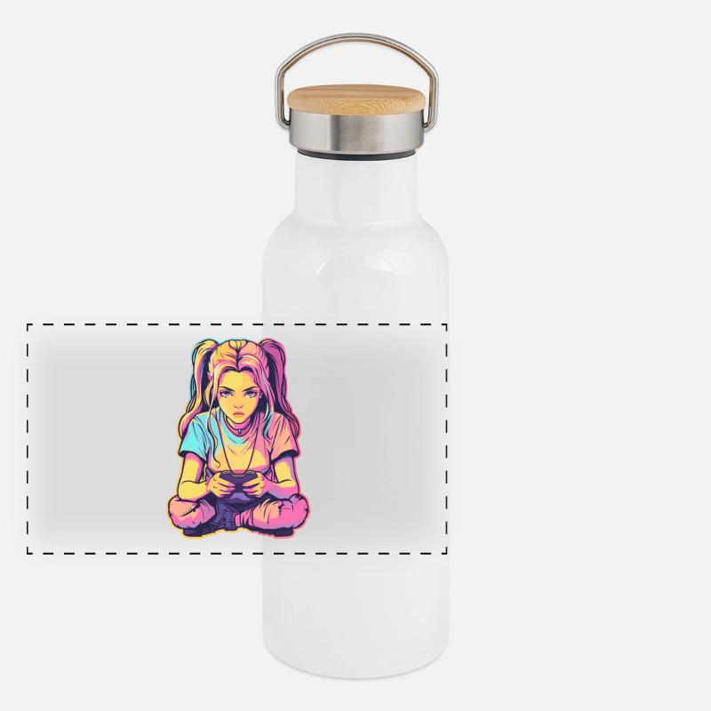 Gaming Girl Comic Look Panorama Thermosflasche mit Bambusdeckel