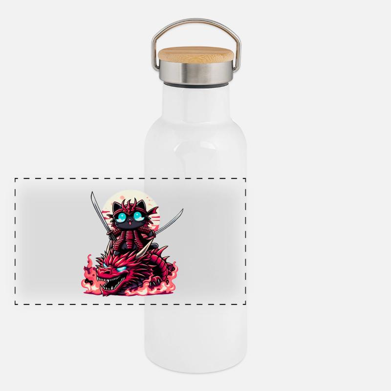 Samurai Cat with Sword on Dragon in Epic Battle 3D Panoramic Thermal Bottle with Bamboo Lid