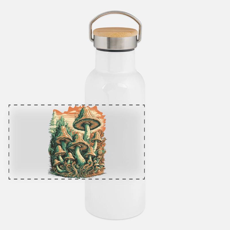 Mystical Forest Mushroom Psychedelic Art Panoramic Thermal Bottle with Bamboo Lid