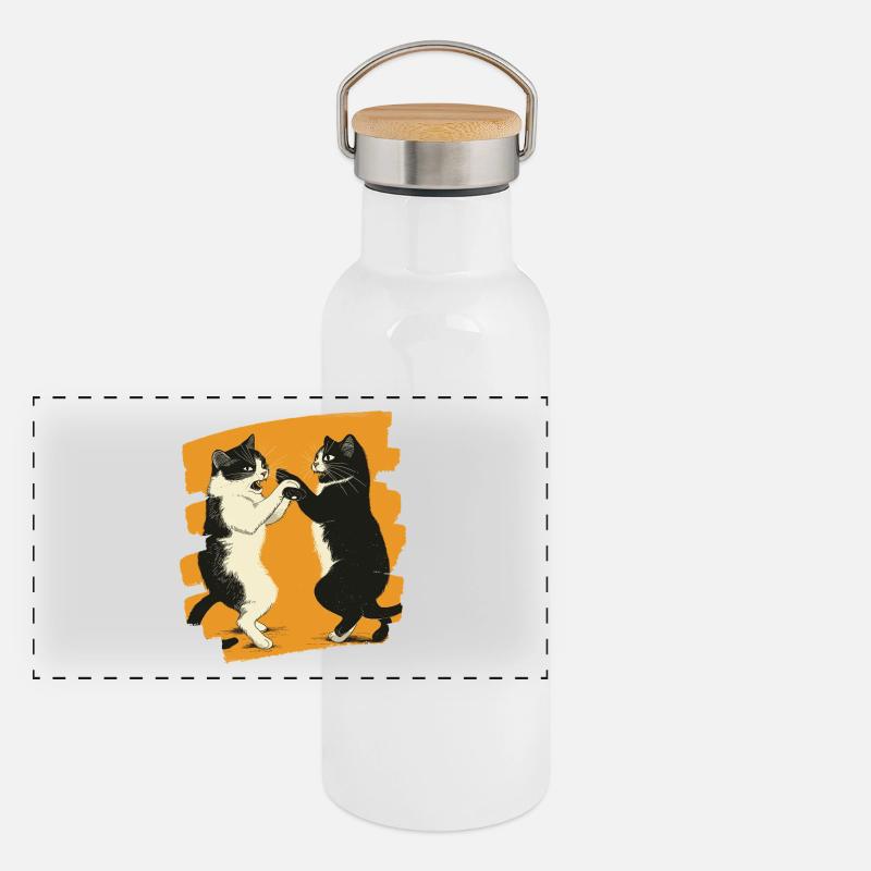 Japanischer Katzen Kampf Panorama Thermosflasche mit Bambusdeckel