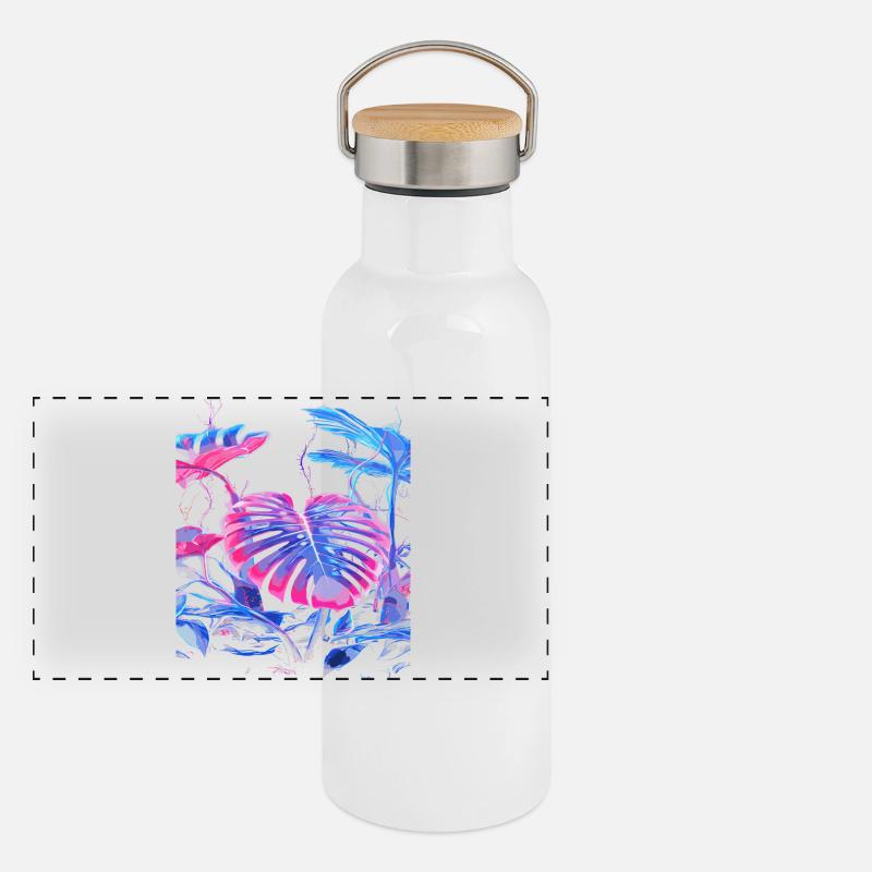 Neon Monstera Pflanze Panorama Thermosflasche mit Bambusdeckel