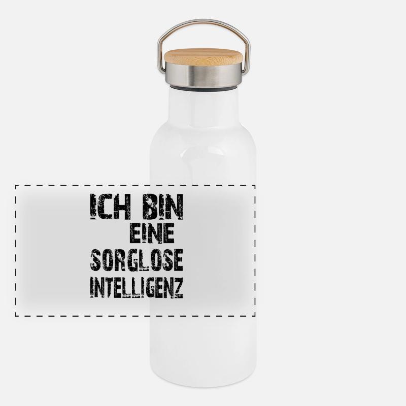 KI Spruch Ich bin eine sorglose Intelligenz Panorama Thermosflasche mit Bambusdeckel