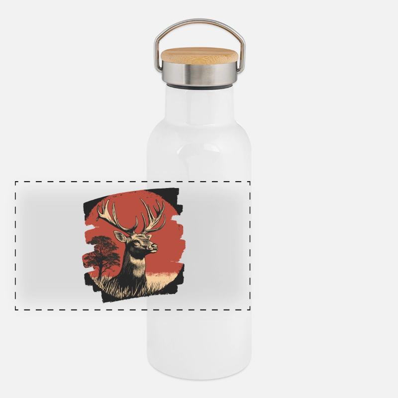Hirsch mit Geweih Panorama Thermosflasche mit Bambusdeckel