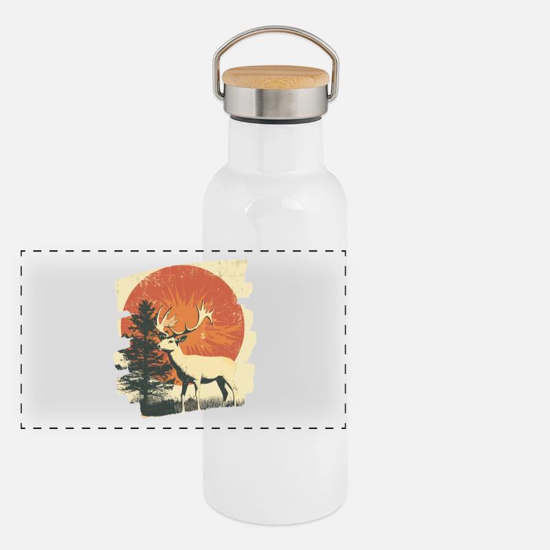 Hirsch mit Geweih Panorama Thermosflasche mit Bambusdeckel