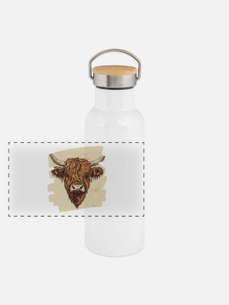 Schottisches Hochlandrind - Panorama Thermosflasche mit Bambusdeckel - Weiß