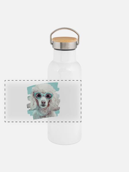 Pudel - Panorama Thermosflasche mit Bambusdeckel - Weiß