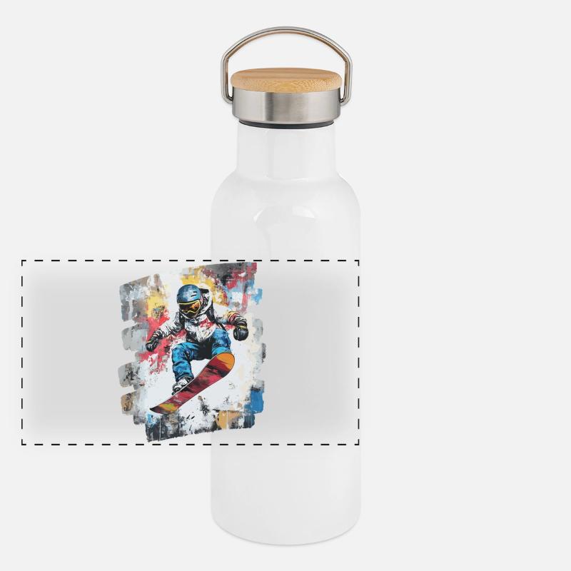 Snowboarder Pulverschnee Panorama Thermosflasche mit Bambusdeckel