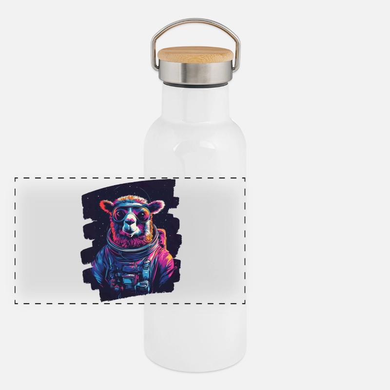 Lama Astronaut Panorama Thermosflasche mit Bambusdeckel