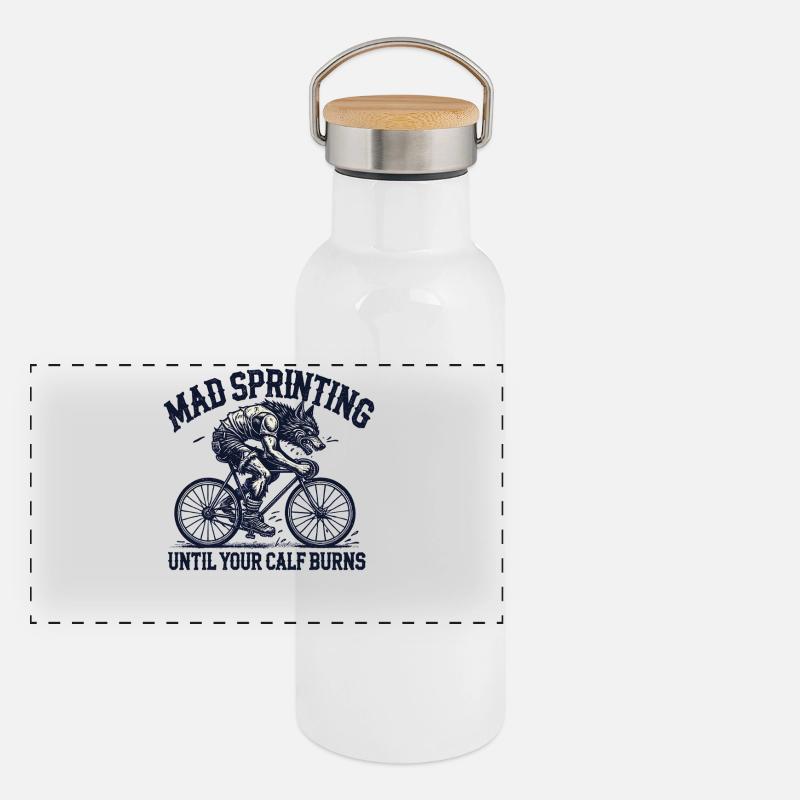 Mad Sprinting Bicycle Wolf Design Panoramic Thermal Bottle with Bamboo Lid