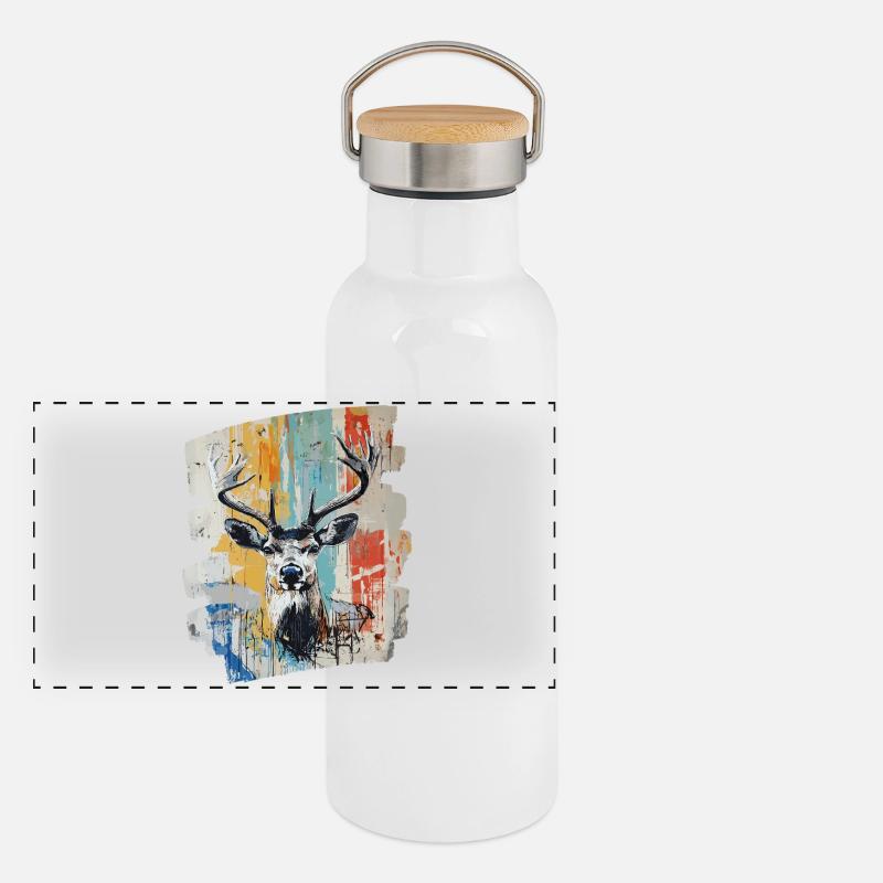 Hirsch mit Geweih Panorama Thermosflasche mit Bambusdeckel
