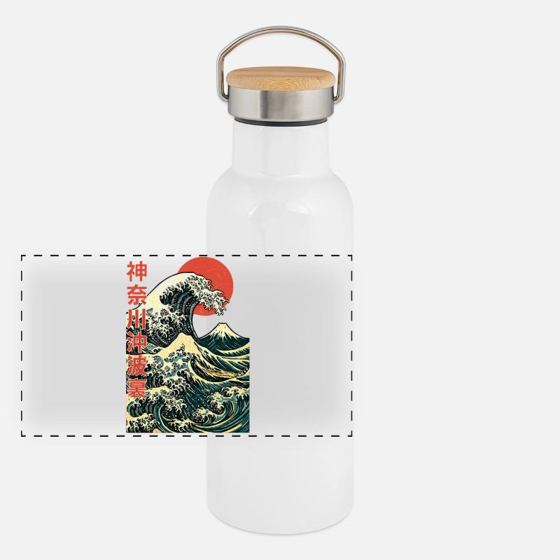 Die große Welle vor Kanagawa - Hokusai Kunst Panorama Thermosflasche mit Bambusdeckel