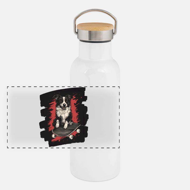 Boarder Collie Hund auf Skateboard Panorama Thermosflasche mit Bambusdeckel