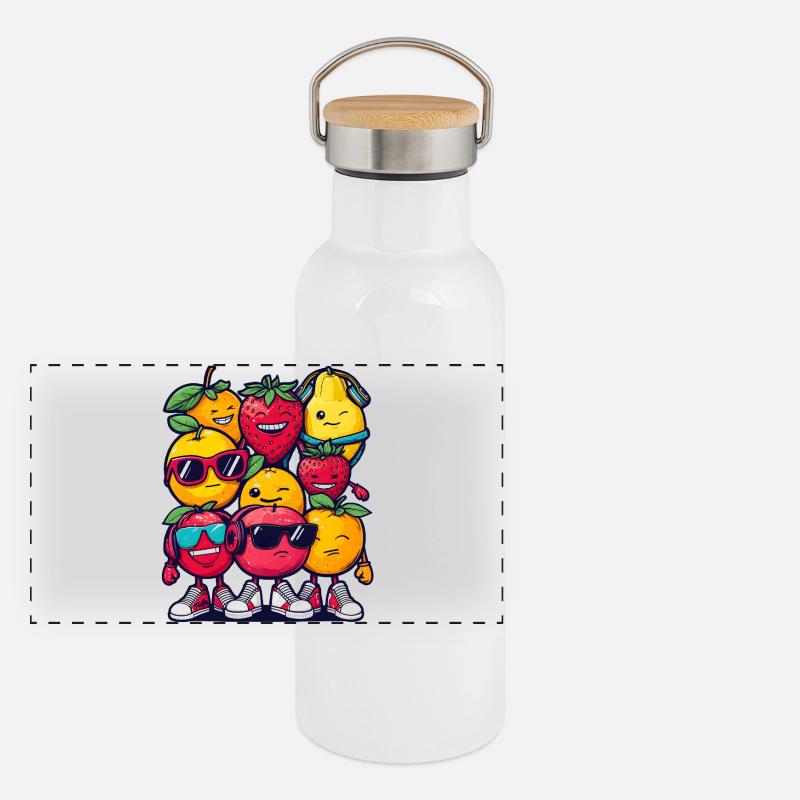 Fruit Squad – 🍓 🍊 🍉 Dessin animé Gourde isotherme avec bouchon en bambou