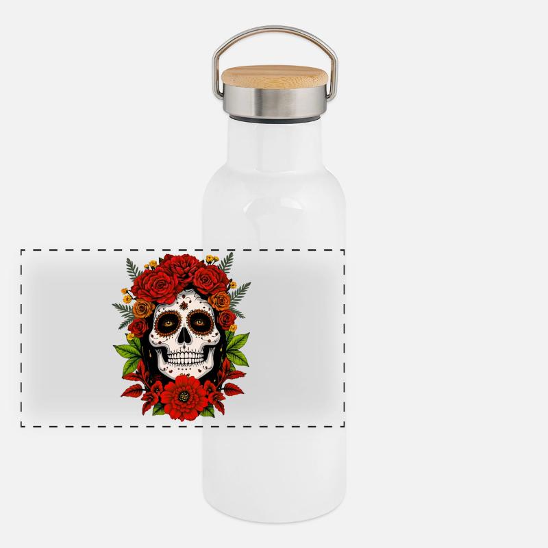 Mexikanischer Schädel Dia de los Muertos Schädel Panorama Thermosflasche mit Bambusdeckel
