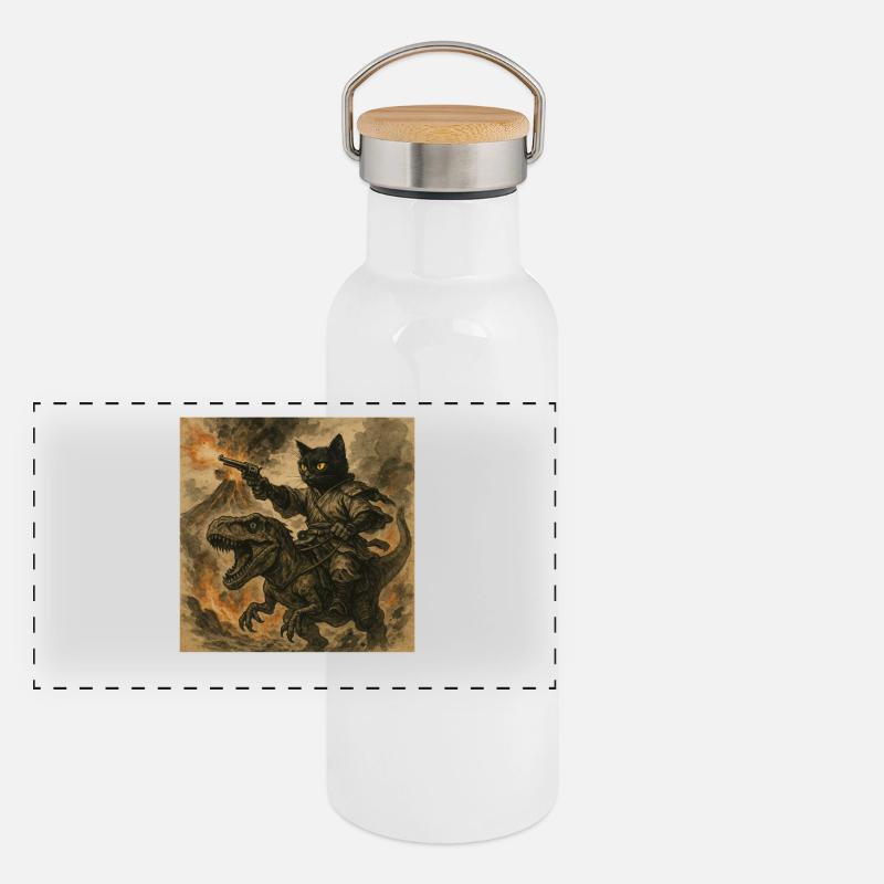 Samurai Cat Riding Dinosaur in Volcanic Eruption Panoramic Thermal Bottle with Bamboo Lid