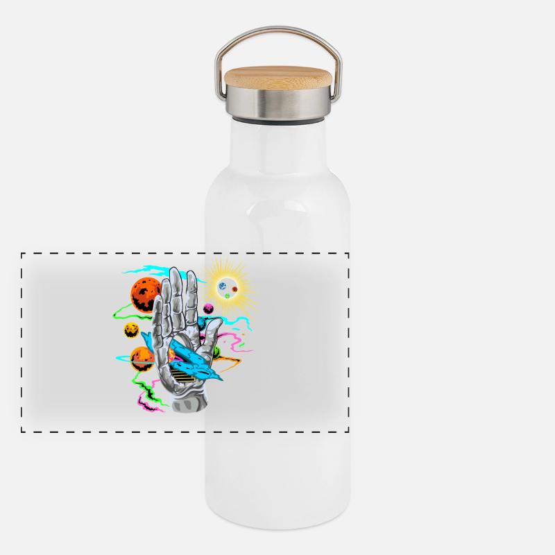 Kosmische Hand mit Planetenbahnen Panorama Thermosflasche mit Bambusdeckel