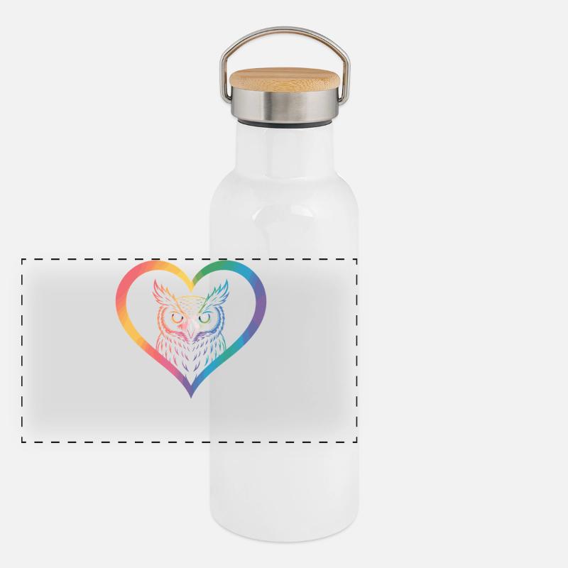 Regenbogen Eulen Herz Design Panorama Thermosflasche mit Bambusdeckel