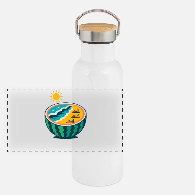Beach Yoga Sunset Scene, Warermelon Lover Panoramic Thermal Bottle with Bamboo Lid