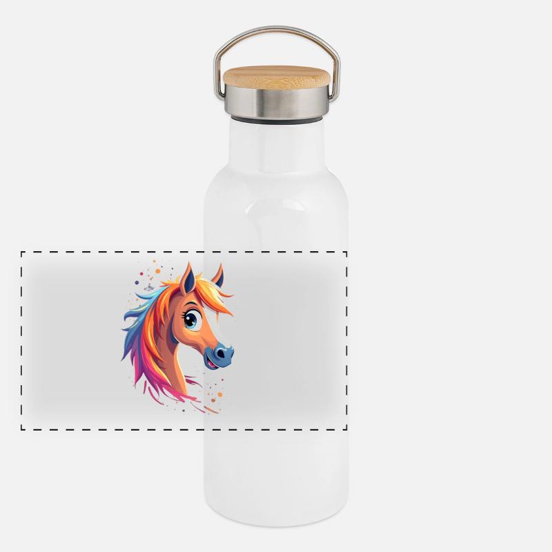 Buntes Pferd mit Regenbogenmähne Panorama Thermosflasche mit Bambusdeckel