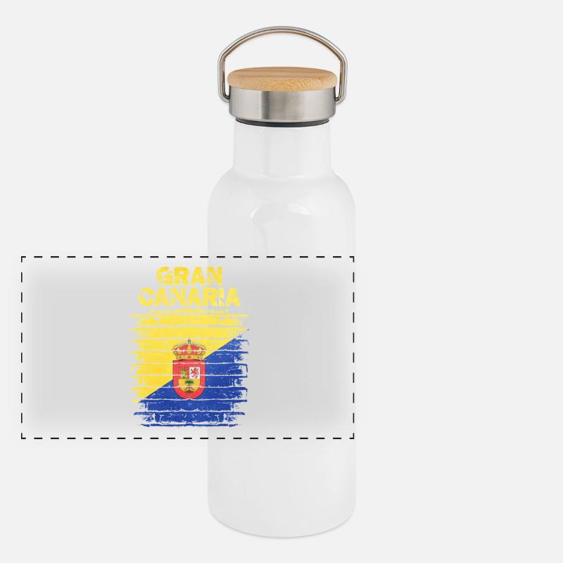 Guanche Flag Design auf Rustikaler Optik Panorama Thermosflasche mit Bambusdeckel