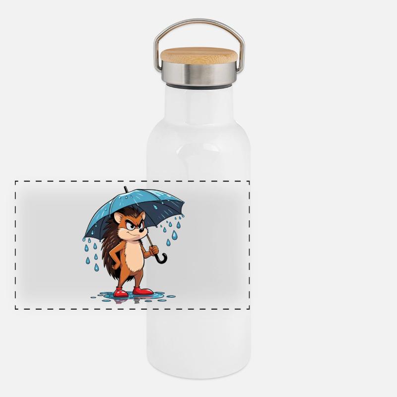Cartoon Igel mit Regenschirm Panorama Thermosflasche mit Bambusdeckel