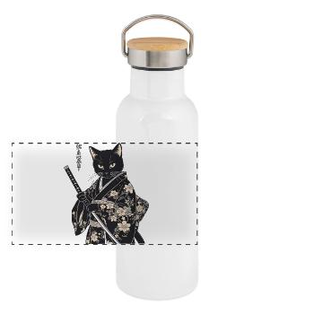 Samurai Katze – moderner japanischer Style - Panorama Thermosflasche mit Bambusdeckel - Weiß - Vorne