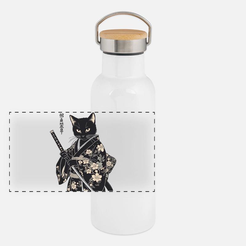 Samurai Katze – moderner japanischer Style Panorama Thermosflasche mit Bambusdeckel