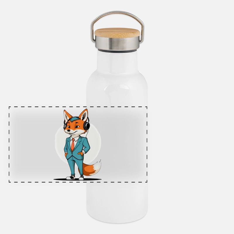 Fuchs im Anzug mit Kopfhörern Panorama Thermosflasche mit Bambusdeckel