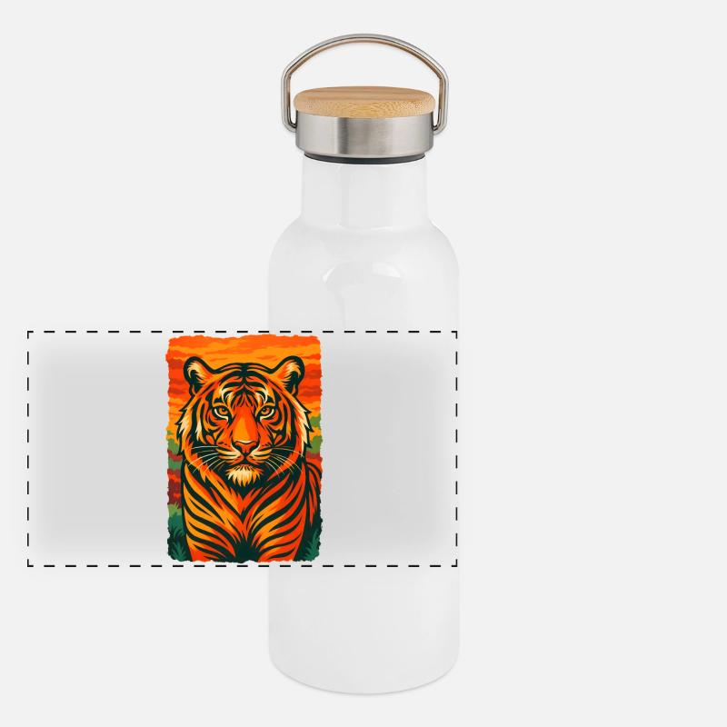 Illustration d'un coucher de soleil sur un tigre éclatant Gourde isotherme avec bouchon en bambou