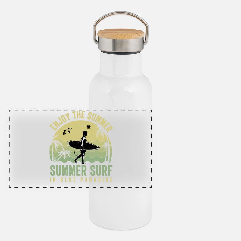 Summer Surfers in Blue Paradise Panoramic Thermal Bottle with Bamboo Lid