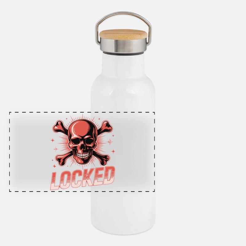 Bold Skull Crossbones with Locked Text Panoramic Thermal Bottle with Bamboo Lid