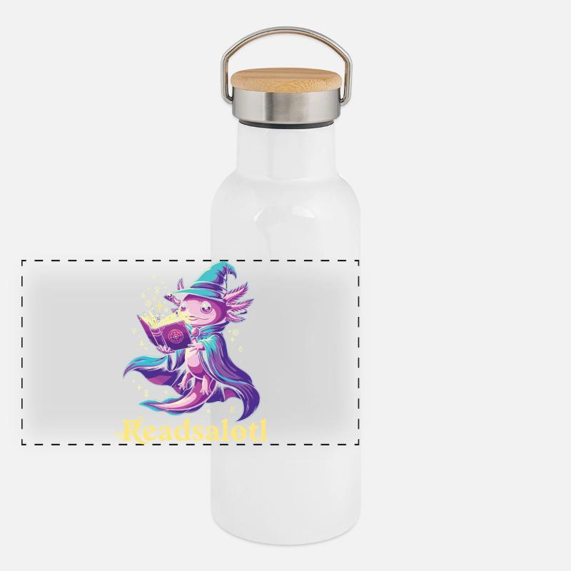 Readsalotl Axolotl Lesender Magier Axolotl Panorama Thermosflasche mit Bambusdeckel
