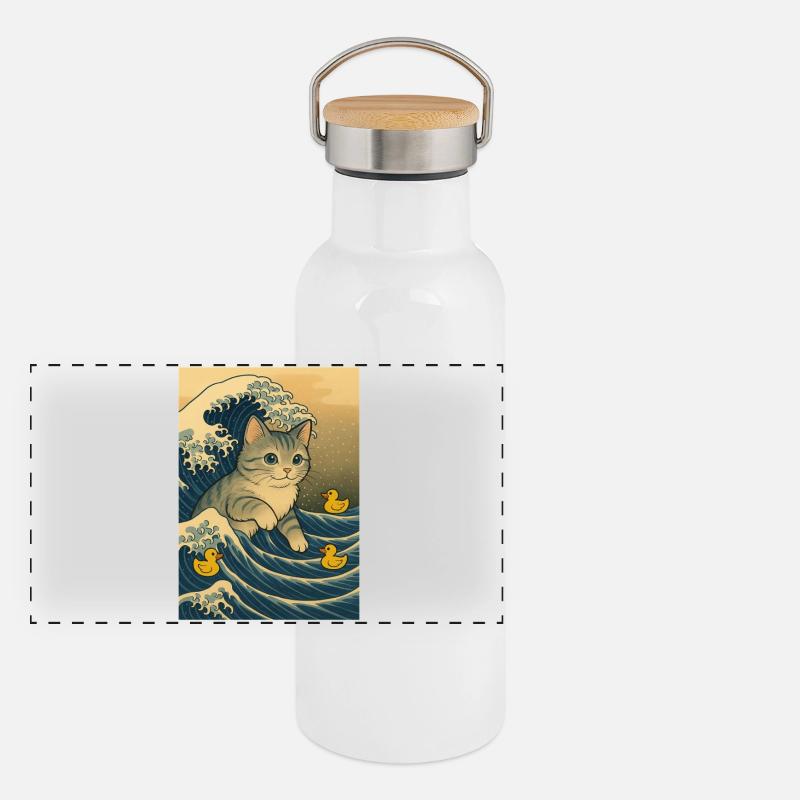 Chats dans la mer de vagues avec des canards Gourde isotherme avec bouchon en bambou