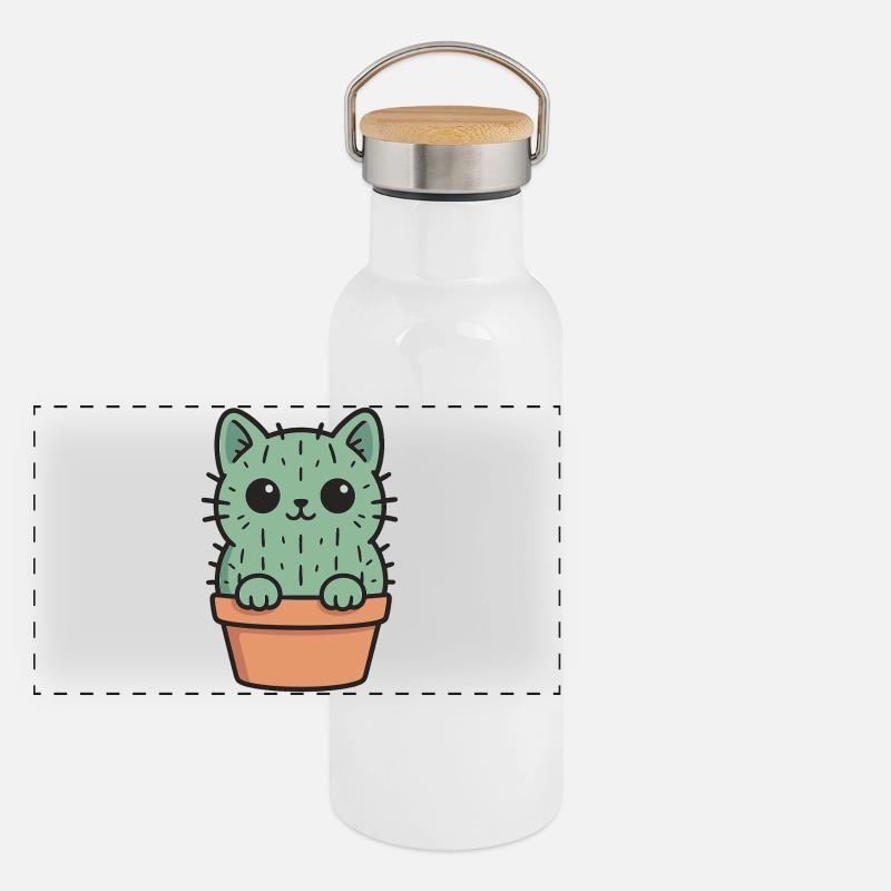 Cute Cactus Kitten Design Panoramic Thermal Bottle with Bamboo Lid
