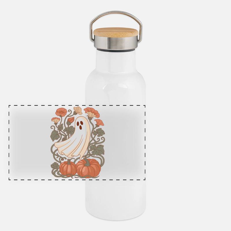 Kürbis Blumen Herbst Geist Halloween Panorama Thermosflasche mit Bambusdeckel