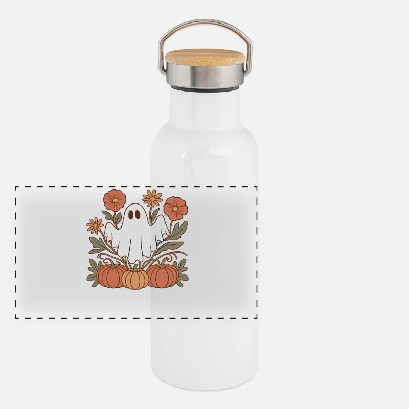 Kürbis Blumen Herbst Geist Halloween Panorama Thermosflasche mit Bambusdeckel