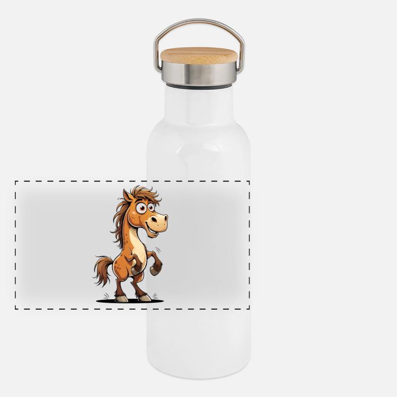 Fröhlicher Comic-Pferdeschow Panorama Thermosflasche mit Bambusdeckel